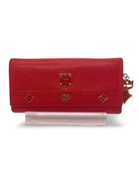 MCM Red Leather Long Wallet Gold Hardware Logo Charm Continental Wallet